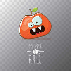 vector funny cartoon cute red apple character isolated on transparent background. My name is apple vector concept. super funky fruit food character