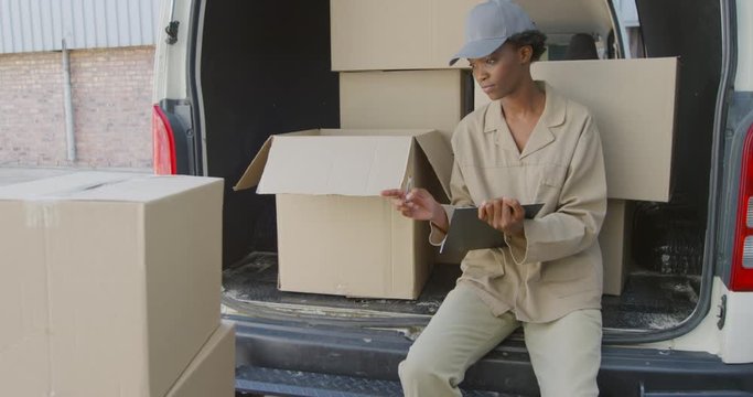 Young female van driver with a warehouse delivery