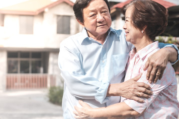 Happy elderly couple with lifestyle after retiree concept. Lovely asian seniors couple embracing together .