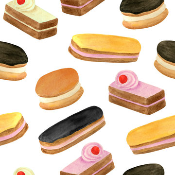 Watercolor cakes seamless pattern. Hand drawn fruit cream biscuit, eclair with chocolate glaze, dessert. Sweet food illustration on white for menu decoration, birthday celebration, card design