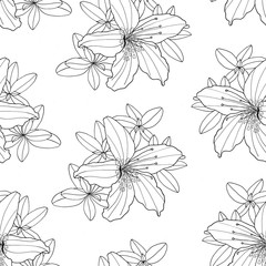 Outline decorative Rhododendron and Lily flower seamless pattern. Botanical hand drawn black and white contour monochrome illustration for textile, coloring book, greeting card, print, fashion design