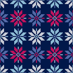 Snowflakes. Seamless knitted pattern. A warm sweater. Knitted mosaic. Can be used for wallpaper, textile, invitation card, wrapping, web page background.