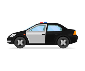 Police black car. Side view. Vector illustration on a white background.