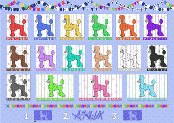 Set of puzzles with cartoon dog, poodles for learning colors in finnish language. Vector