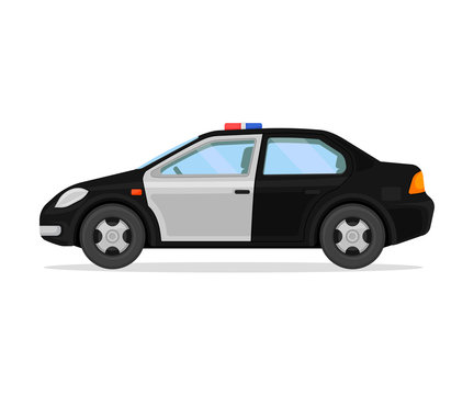 Police Black Car. Side View. Vector Illustration On A White Background.