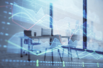 Forex chart hologram with minimalistic cabinet interior background. Double exposure. Stock market concept.