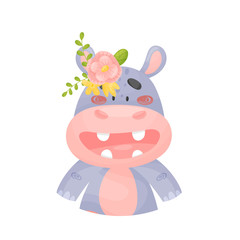Cartoon hippo with a flower on its head. Vector illustration on a white background.