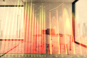 Forex chart hologram with minimalistic cabinet interior background. Double exposure. Stock market concept.