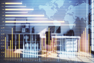 Forex chart hologram with map and minimalistic cabinet interior background. Double exposure. International business concept.