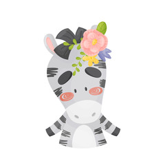 Zebra with a large flower on its head. Vector illustration on a white background.