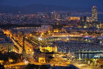 Aerial view of Barcelona city and port with yachts