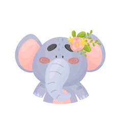 Baby elephant with a flower on its head. Vector illustration on a white background.