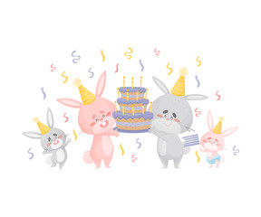 Rabbit family celebrates a birthday. Vector illustration on a white background.
