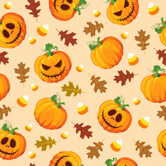 Halloween pumpkin seamless pattern with oak leaves. Cute halloween pumpkin pattern background. Halloween theme design vector illustration