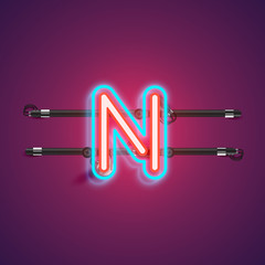 Realistic glowing double neon charcter from a fontset with console, vector illustration