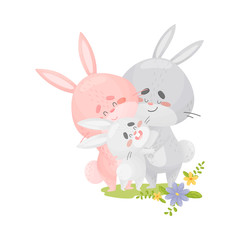 Hare family is hugging. Vector illustration on a white background.