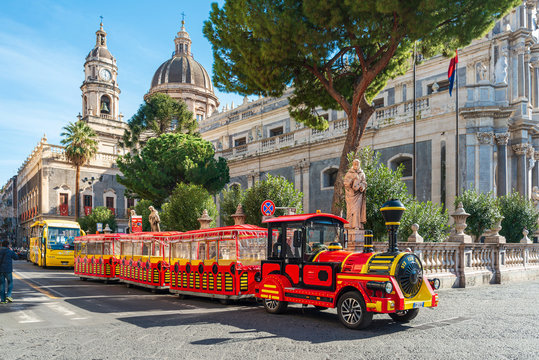 CATANIA, ITALY - January 19, 2019: Sightseeing bus in Old Town Catania, Italy