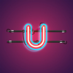 Realistic glowing double neon charcter from a fontset with console, vector illustration