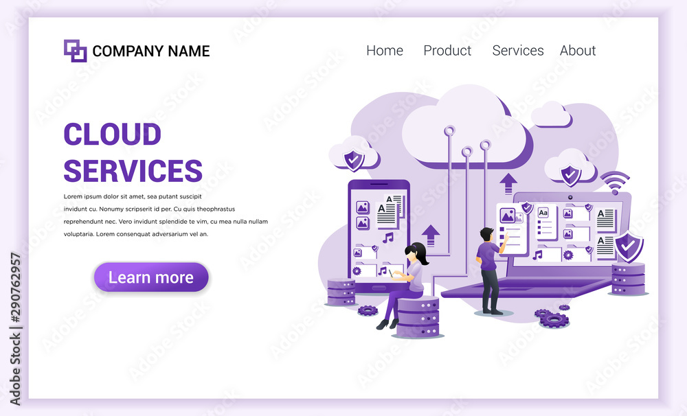 Poster modern flat design concept of cloud computing services with characters using and managing data on de