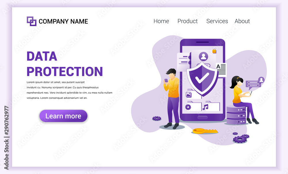 Wall mural modern flat design concept of data protection. a man and girl using gadget device on front giant pho