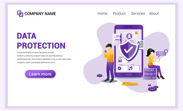 Modern flat design concept of Data Protection. A man and girl using Gadget Device on front Giant Phone. Can use for banner, mobile app, landing page, web design template. Flat vector illustration