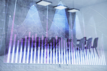 Multi exposure of stock market graph on conference room background. Concept of financial analysis