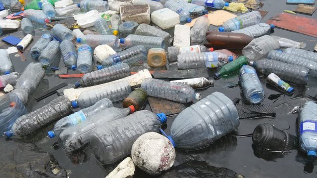 Environmental pollution. Plastic bottles, bags, trash in river, lake. Rubbish and pollution floating in water