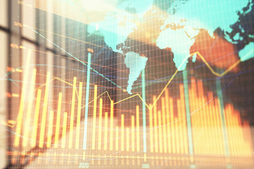 Double exposure of financial chart with world map on empty room interior background. International market concept.
