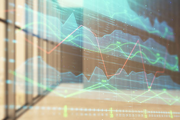 Double exposure of financial graph on empty room interior background. Forex market concept.