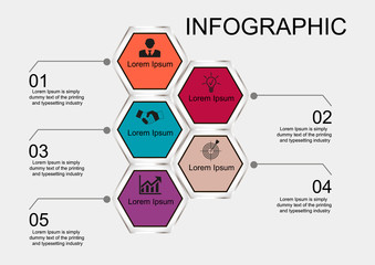 Business data visualization, infographics. Scheme of the process of elements with the help of graphics, diagrams of hexagons in five stages, numbers, icons, text, variants, parts. Business vector for 