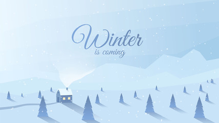 Vector illustration. Flat landscape. Snowy background. Snowfall. Clear blue sky. Blizzard. Cartoon wallpaper. Alone wooden house. Winter season. Forest trees and mountains. Design for website