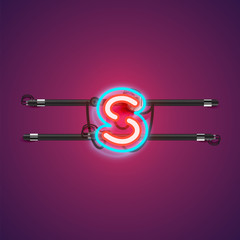 Realistic glowing double neon charcter from a fontset with console, vector illustration