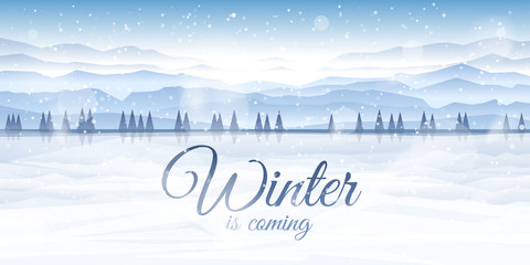 Vector illustration. Flat landscape. Snowy background. Snowfall. Clear blue sky. Blizzard. Cartoon wallpaper. Winter season. Forest trees and mountains. Polygonal spruces. Ice water. Frozen lake