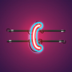 Realistic glowing double neon charcter from a fontset with console, vector illustration