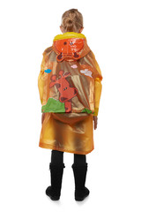 Full length back shot of a little blonde girl dressed in an orange nacre raincoat, black jeans and black high shammy boots. The raincoat with child cartoon pictures is fringed 