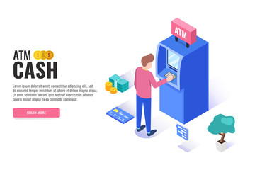 Atm services concept. Man standing near atm machine. Web banner, infographics. Isometric vector illustration.
