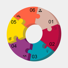 Business data visualization, infographics. Scheme of the process of elements with the help of graphics, diagrams of a circle of puzzles multicolored in four stages, numbers, options icons, with text. 