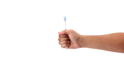 Toothbrush in hand isolated on white background with clipping path.