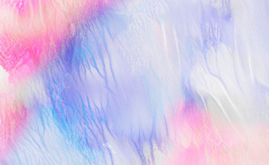 Beautiful fantasy colorful aquarelle paper textured ink effect grungy wet pastel illustration for design. Gentle blue, purple and pink shades watercolor background for vintage card, retro template