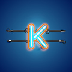 Realistic glowing double neon charcter from a fontset with console, vector illustration