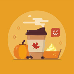 Pumpkin spice latte season. Autumn coffee and a piece of pumpkin pie. Flat vector illustration.