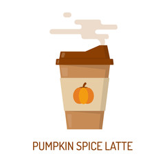 Paper cup with pumpkin spice latte. Autumn coffee to go. Flat vector illustration.