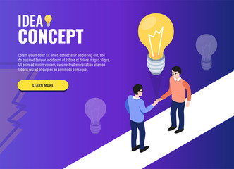 Idea concept concept. Users shake hands. Web banner, infographics. Isometric vector illustration.