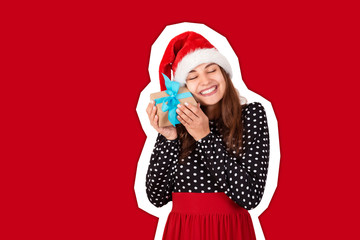 cute girl in chistmas hat hugging her gifts and looking at camera. Magazine collage style with trendy color background. holidays concept