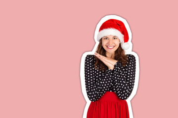 satisfied and dreamy female laughing joyfully holding palms near heart and gazing up from happiness and joy. Magazine collage style with trendy color background. holiday concept