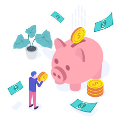 Money saving concept. User holds coins. Web banner, infographics. Isometric vector illustration.