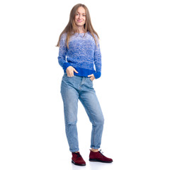 Obraz premium Woman in jeans and blue sweater smiling standing on white background isolation