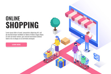 Online shopping concept. Users buy gifts online. Web banner, infographics. Isometric vector illustration.