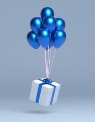 gift hanging on balloons, blue background