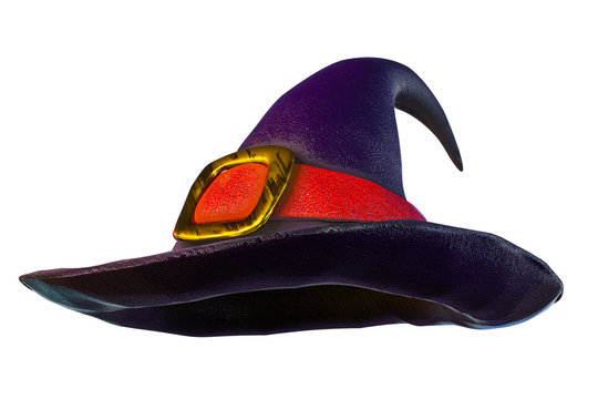 the purple witch hat with red ribbon for Halloween costume party design, isolated on white background with clipping paths.